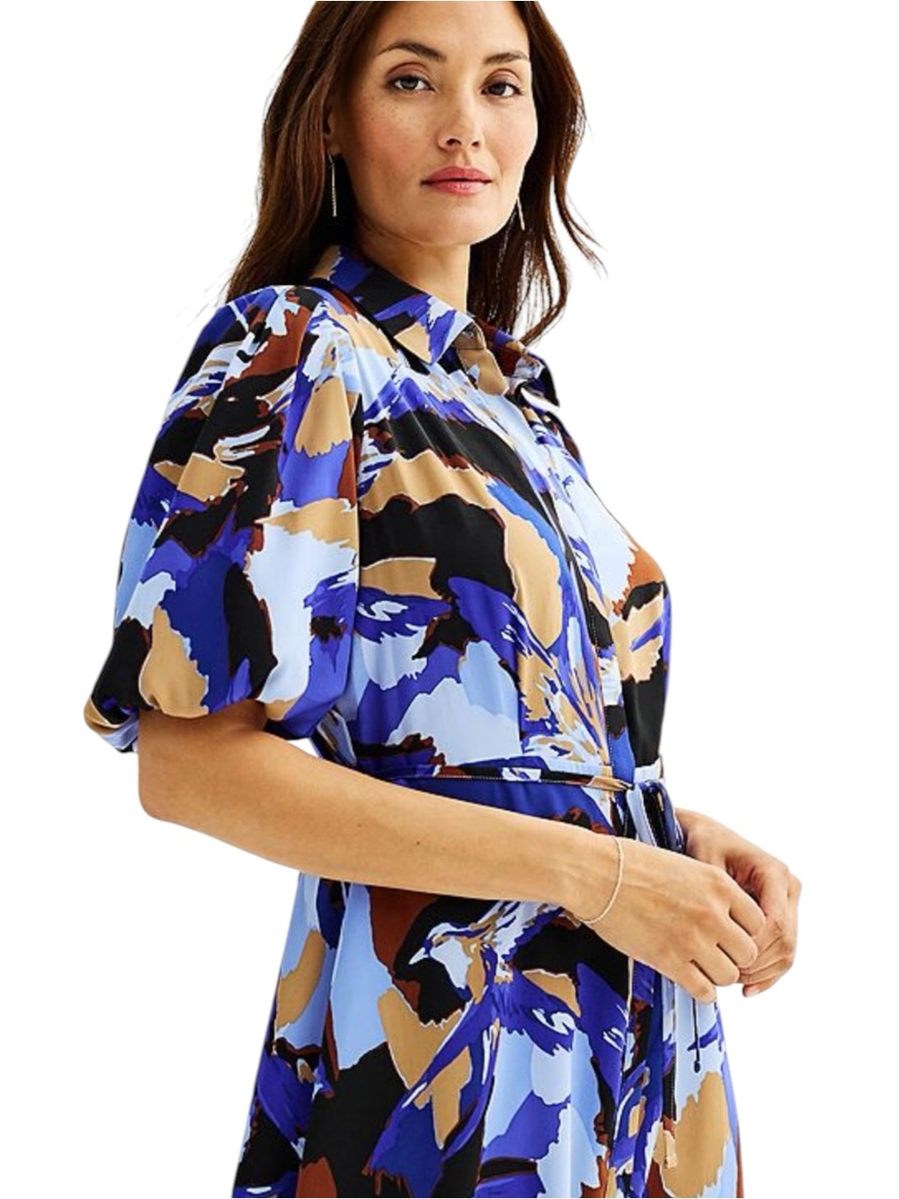 Nine West Satin Collared Midi Dress - Puff Balloon Sleeve - Button Down w/ Belt - Picture 2 of 10